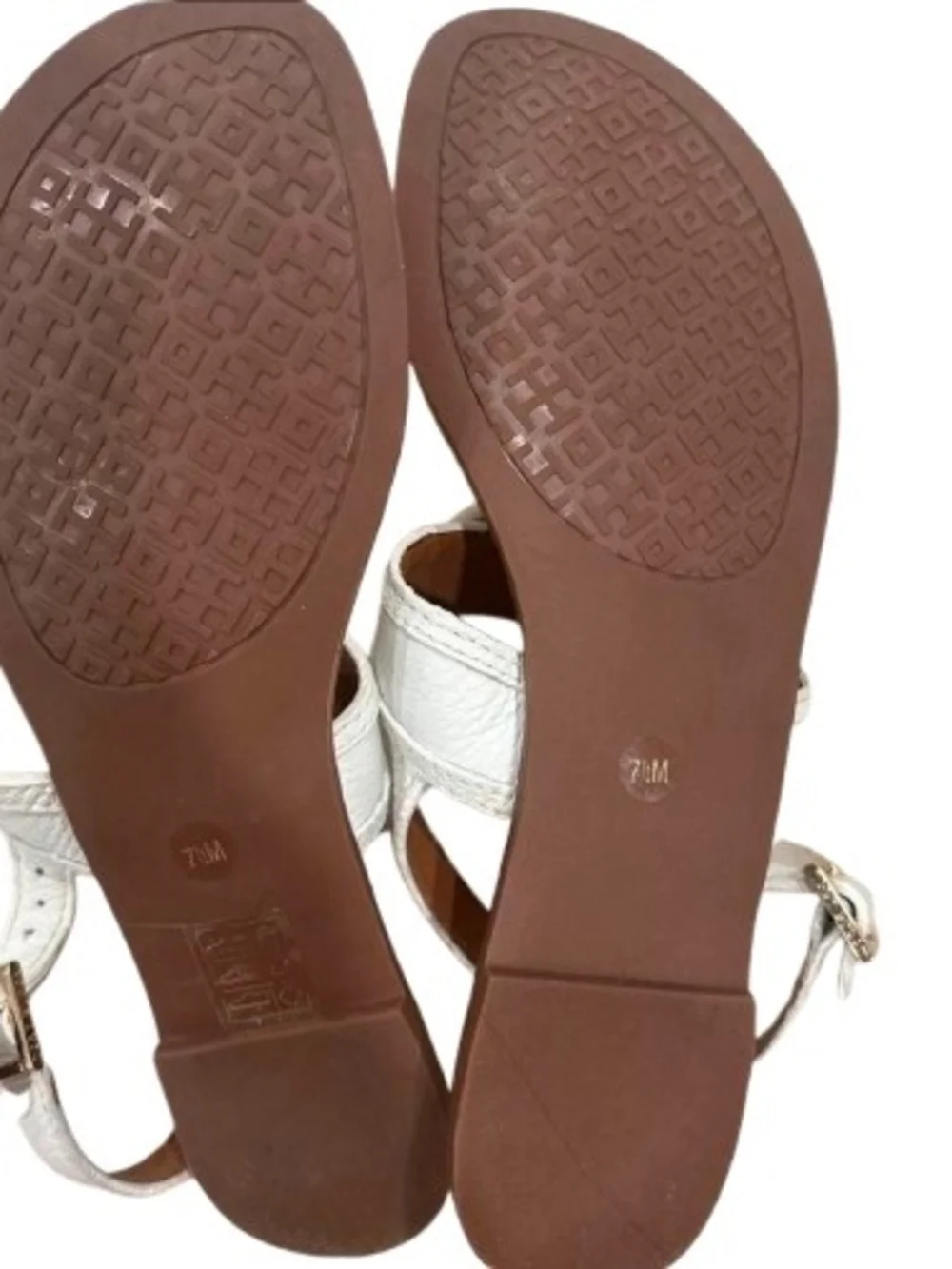 Tory Burch Selma White Leather Slingback Thong Flat Sandals Gold Logo Size 7.5